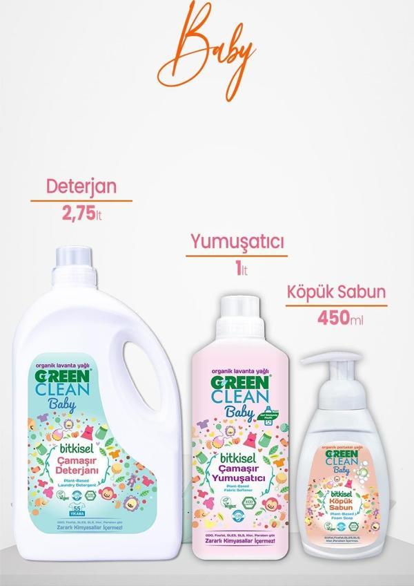 U Green Clean Baby Yumuşatıcı 1 L, Çamaşır Deterjanı Lavanta Yağlı 2750 ml ve Köpük Sabun Portakal 450 ml - Image 1