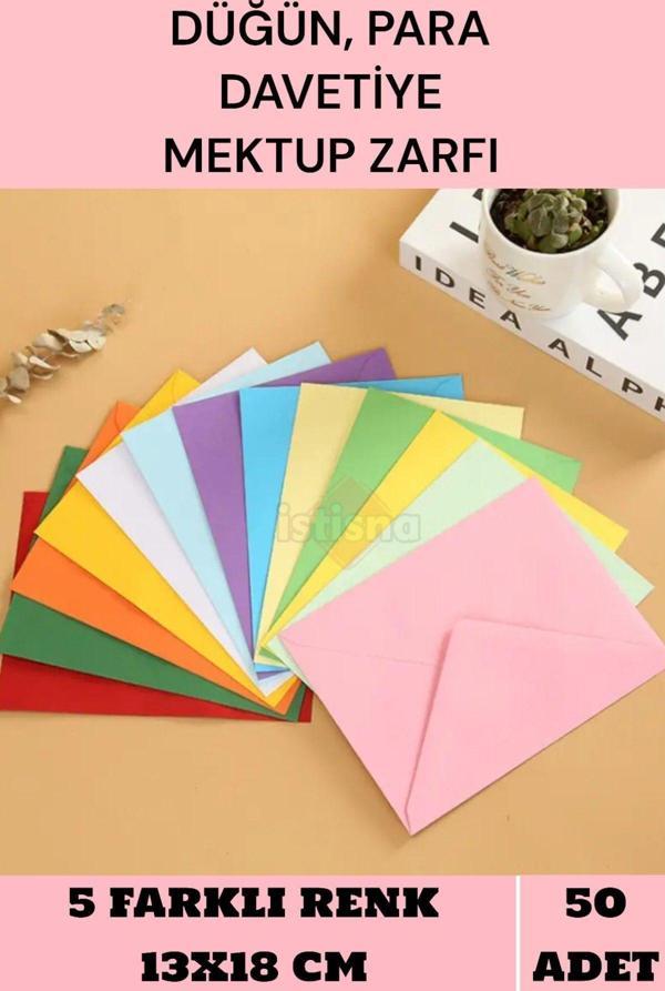 50 Adet 13X18 CM Karışık 5 Farklı Renk Hediye Doğum Günü Dilekleri Düğün Para Davetiye Mektup Zarfı - Image 1