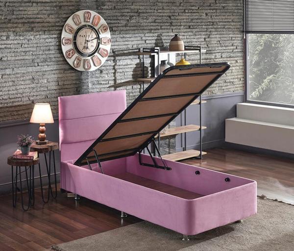 Pinky Baza ve Başlık - 120x200 cm Tek Kişilik Sandıklı Pembe Kumaş Baza ve Başlığı Silinebilir - Image 1