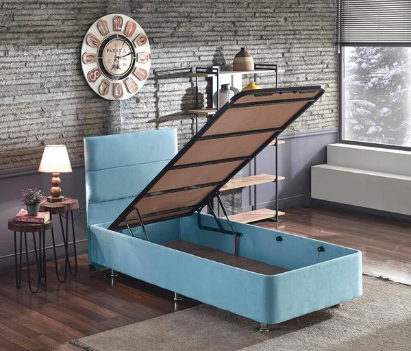 Cozy Baza ve Başlık - 90x190 cm Tek Kişilik Sandıklı Bebek Mavisi Kumaş Baza ve Başlığı Silinebilir - Image 1