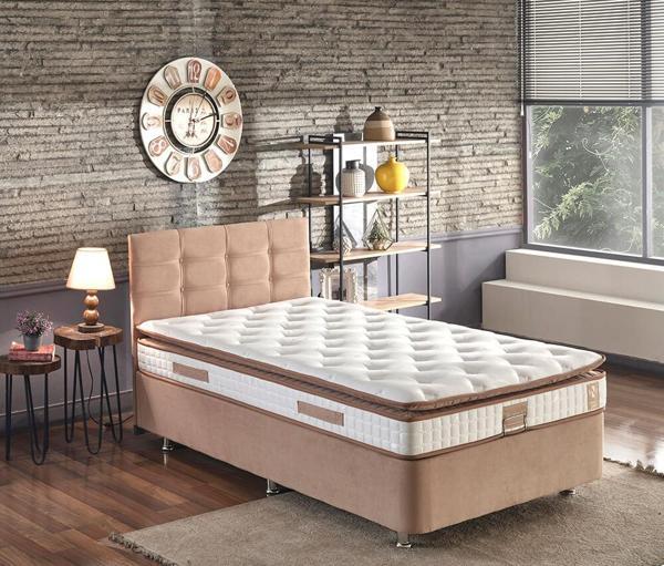 Niron Queen 120x200 Bir Buçuk Kişilik Pedli Yatak Seti Sütlü Kahve Kumaş Baza Başlık ve Yatak Takımı - Image 1