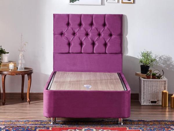 Niron Purple Baza ve Başlık Seti - 80x200 cm Tek Kişilik Sandıklı Mor Kumaş Baza ve Başlığı  - Image 1
