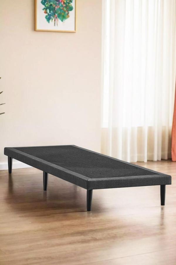 Niron Slim Karyola 80x180 Tek Kişilik Baza, Metal İskeletli Yüksek Ayaklı Koyu Gri Keten Kumaşlı - Image 1