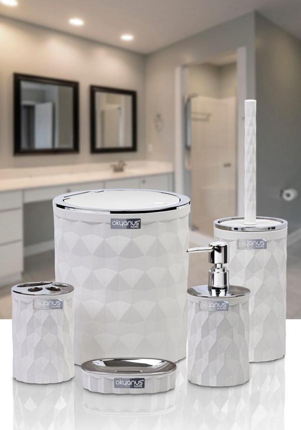 Okyanus Home Diamond Beyaz Kromlu Click Kapak 5 Parça Banyo Seti - OKY-1301 - Image 1