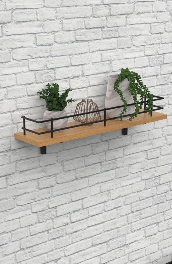 Modern Tasarımlı Metal Korkuluklu Ahşap Duvar Rafı - Image 1