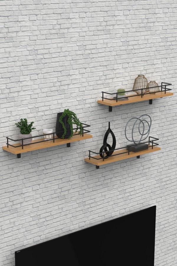 Modern Tasarımlı Metal Korkuluklu Ahşap Duvar Rafı Üçlü - Image 1