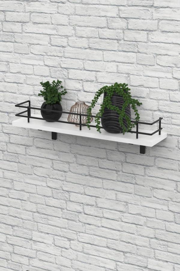 Modern Tasarımlı Metal Korkuluklu Beyaz Ahşap Duvar Rafı - Image 1