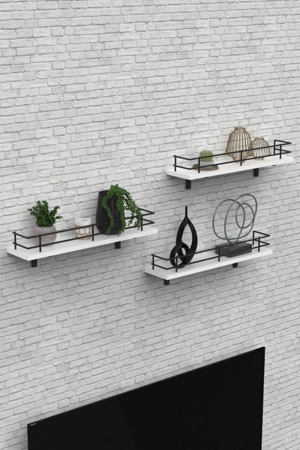 Modern Tasarımlı Metal Korkuluklu Beyaz Ahşap Duvar Rafı Üçlü - Image 1