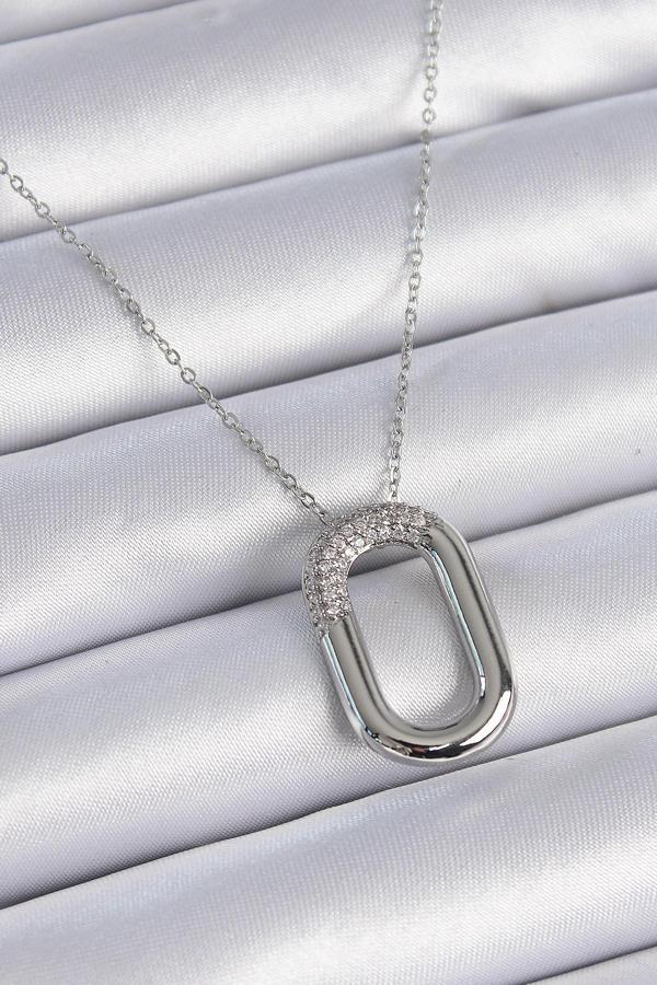 Zincir Gümüş Renk Zirkon Taşlı Oval Halka Model Kadın Kolye - EBJ241026W28663 - Image 1