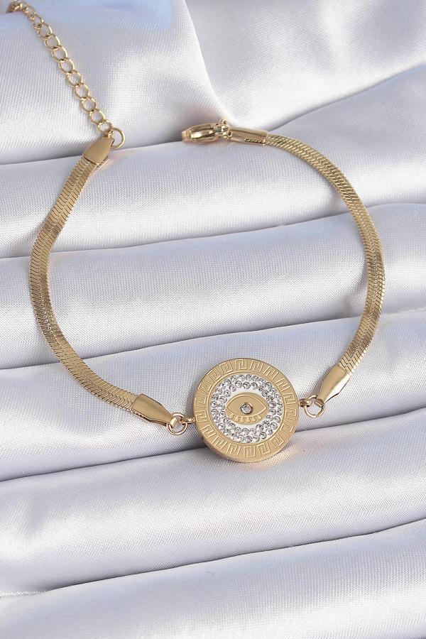 Gold Renk İtalyan Zincir Zirkon Taşlı Göz İşlemeli Madalyon Model Kadın Bileklik - EBJ241026W28799 - Image 1