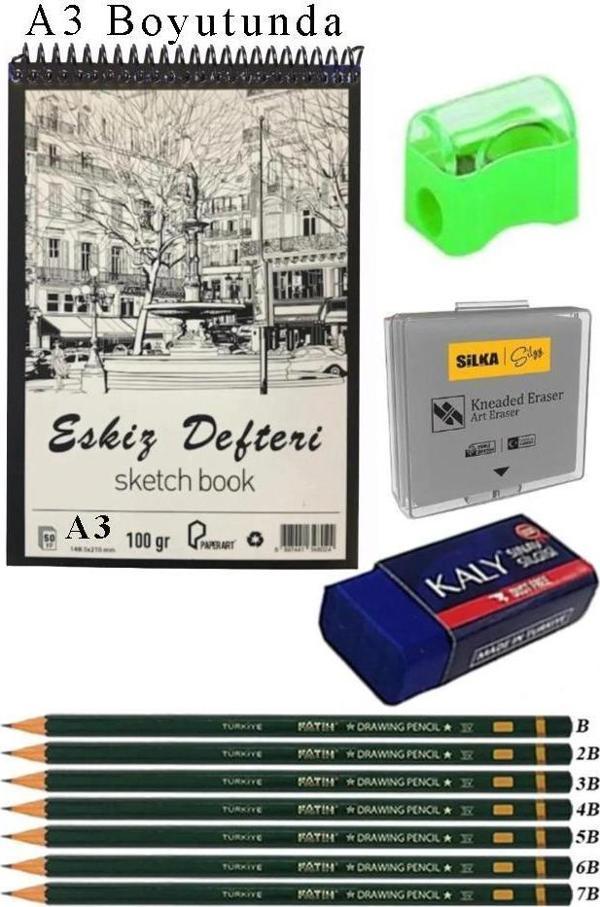 A3 Eskiz Defteri Spralli 50 Yaprak Karakalem Çizim Seti Hamur Silgi Fatih Dereceli Kalem Hobi Tasarım Seti - Image 1