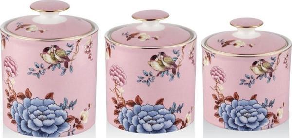 Floral Pink 3 lü Porselen Baharatlık Baharat Takımı Kavanoz - Image 1