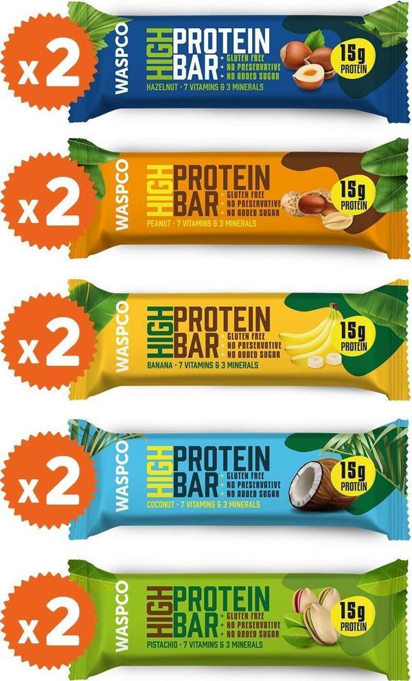 WaspCo Yüksek Protein Bar 50G Karma Kutu 10 Adet (5 Çeşit) - Image 1
