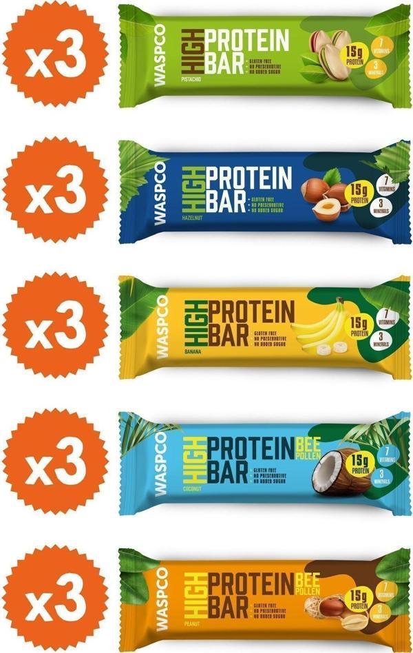 WaspCo Yüksek Protein Bar 50G Karma Kutu 15 Adet (5 Çeşit) - Image 1