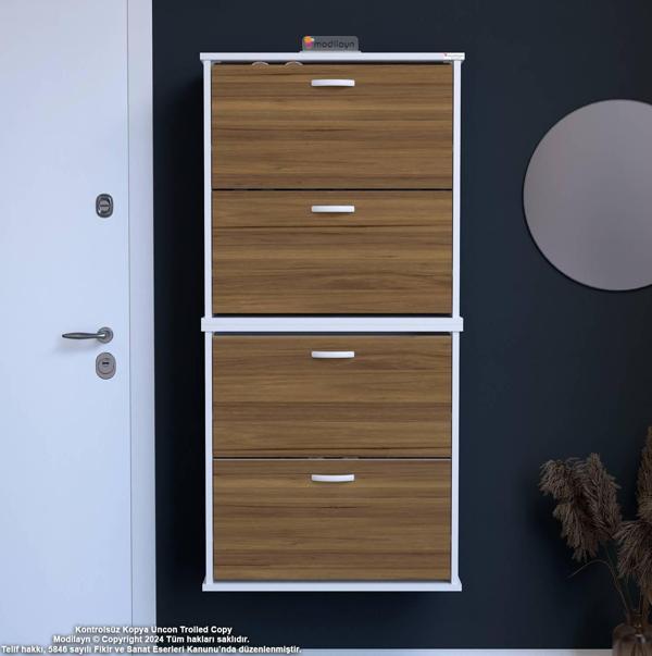 Modilayn UMAY' 2 Li Asma Antre Hol 52 x 148 x 25, 5 cm’ lik 4 Düşer Kapak 8 Raf Bölmeli Ayakkabılık - Image 1