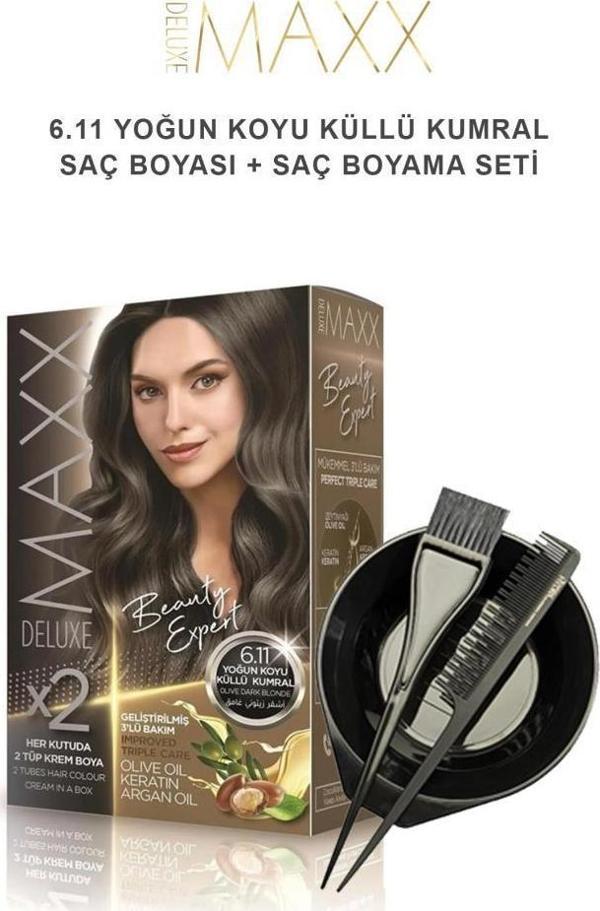 Maxx Deluxe Saç Boyası 6.11 Yoğun Koyu Küllü Kumral-Boyama Seti - Image 1