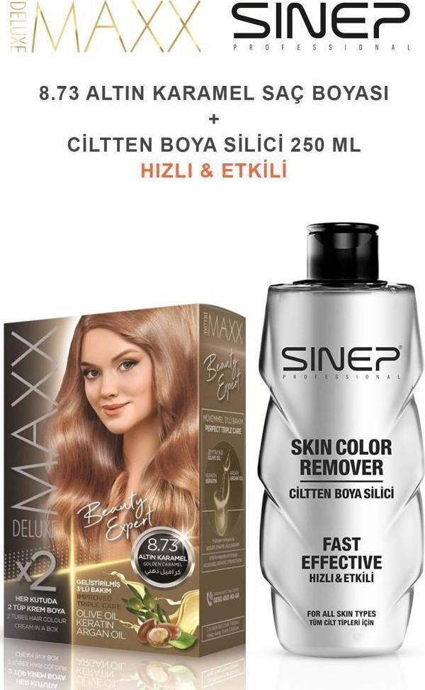 Maxx Deluxe Saç Boyası 8.73 Altın Karamel-Profesyonel Cillten Boya Silici Set - Image 1