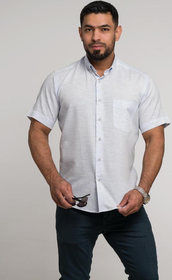 Bican Geniş Ve Rahat (Bol) Kesim Cepli Küçük Desenli Yaka Düğmeli Klasik Kısa Kol Gömlek - Image 1