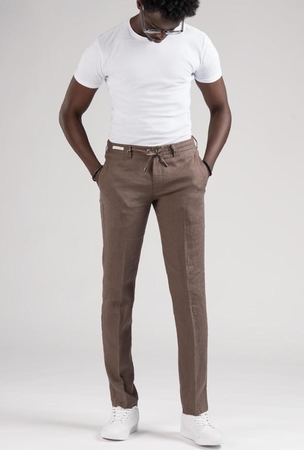 Ecer Slimfit Beli Lastikli ve İplikli %100 Linen Ham Keten Jogger Pantolon - Image 1