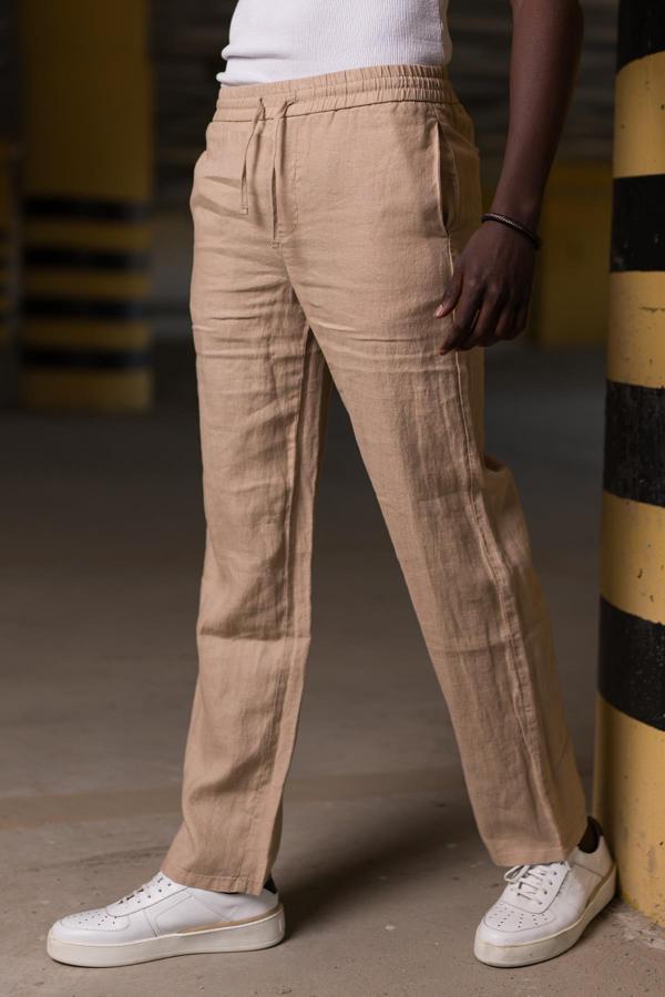 Beli Lastikli Ve İplikli %100 Linen Kumaş Orjinal Keten Bol Paça İnce Yazlık Baggy Pantolon - Image 1