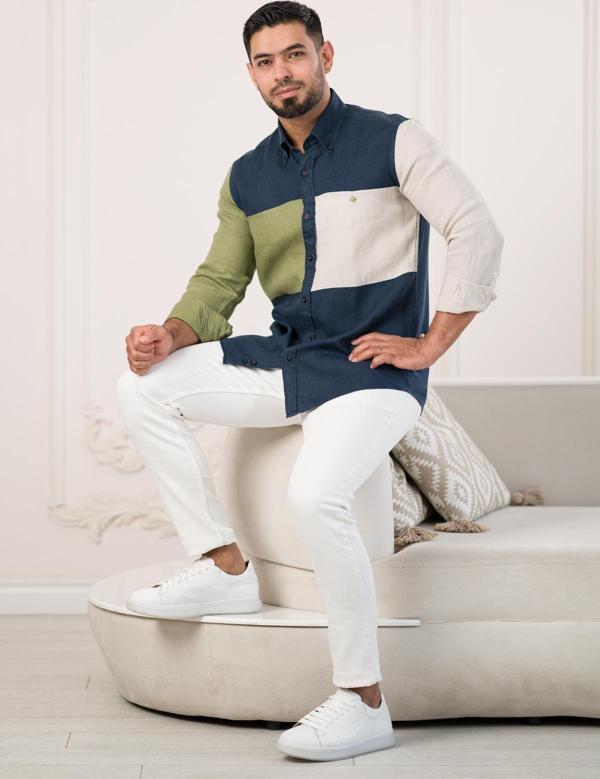 Paul Martin Parça Desenli Regular Fit Ham Keten Yazlık Gömlek - Image 1