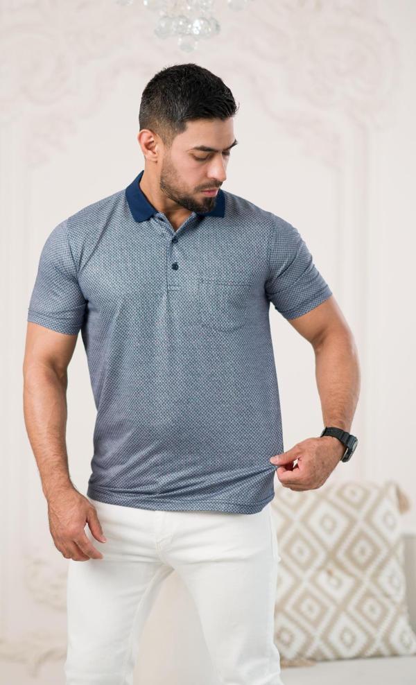 Regular Fit Yakalı Ve Cepli Desenli Erkek Klasik T-shirt - Image 1