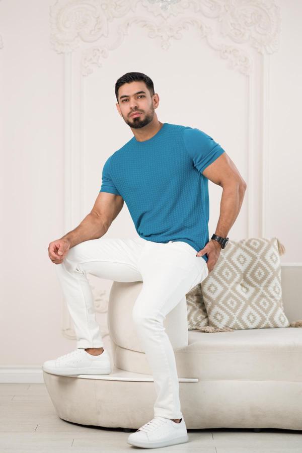 Bisiklet Yaka Desenli Modal Kumaş Likralı Regular Fit Triko T-shirt - Image 1