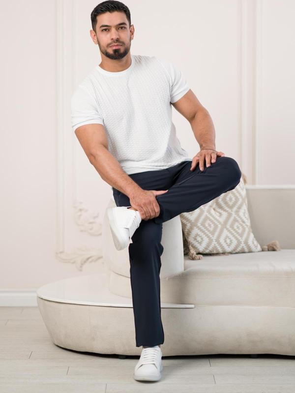 Bisiklet Yaka Desenli Modal Kumaş Likralı Regular Fit Triko T-shirt - Image 1