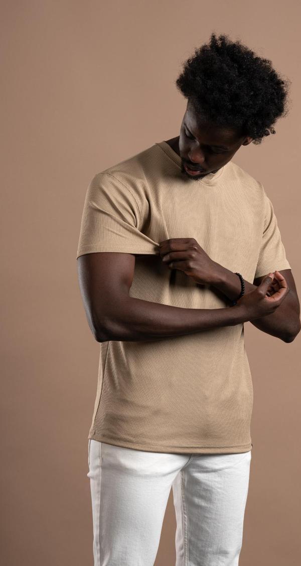 FBI Regular Fit Kendinden Çizgili Likralı Bisiklet Yaka T-shirt - Image 1