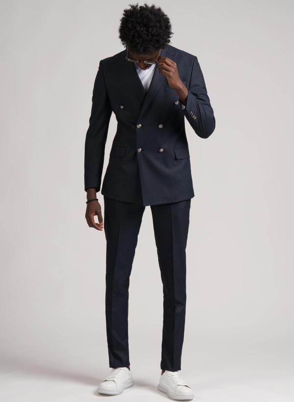 Adimo Slimfit Sivri Yaka Çift Yırtmaçlı Çizgili Kruvaze Takım Elbise  - Image 1