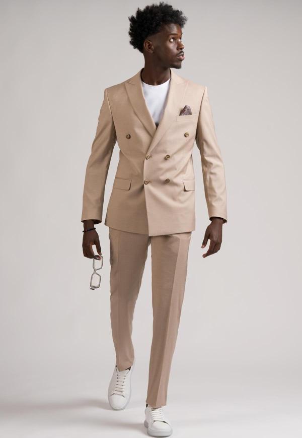 Adimo Slimfit Sivri Yaka Çift Yırtmaçlı İnce Çizgili Kruvaze Takım Elbise  - Image 1