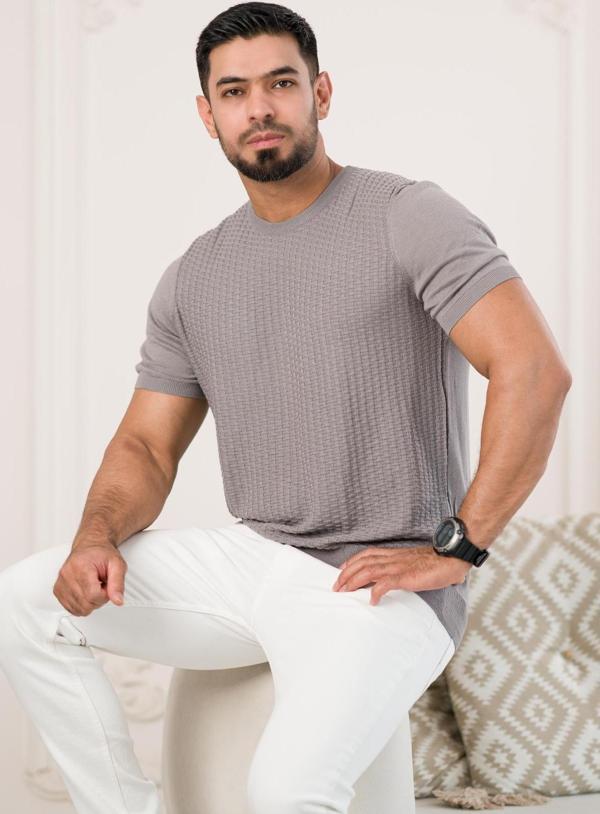 Bisiklet Yaka Desenli Modal Kumaş Likralı Regular Fit Triko T-shirt - Image 1