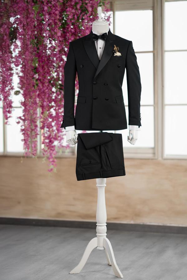 Sivri Yaka Papyonlu Hafif Armürlü Çift Yırtmaçlı Slimfit Smokin Takım Elbise - Image 1