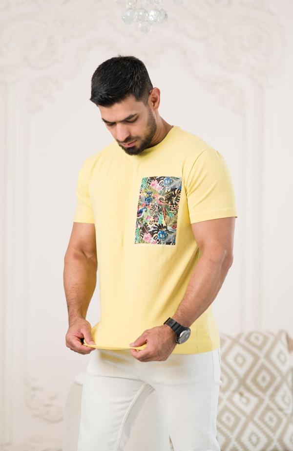 Bisiklet Yaka Önü Baskılı Pamuklu Likralı Basic Regular Fit T-shirt - Image 1