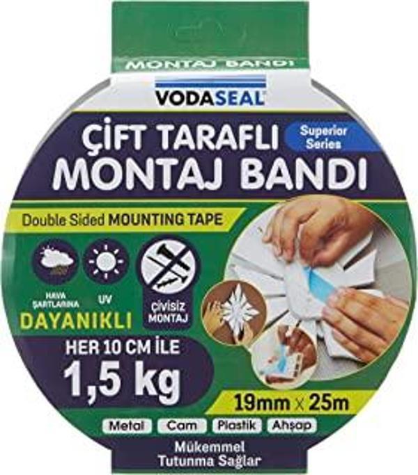Vodaseal Çift Taraflı Köpük Montoj Bantı 19MMX25mt (Metal-Cam-Plastik-Ahşsap) - Image 1