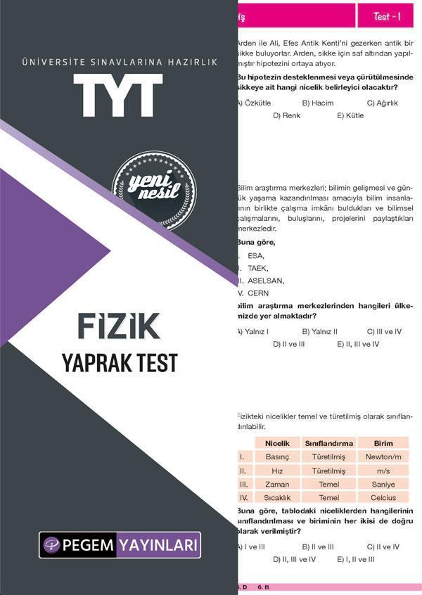 TYT Fizik Yaprak Test - Pegem Akademi Yayıncılık - Image 1