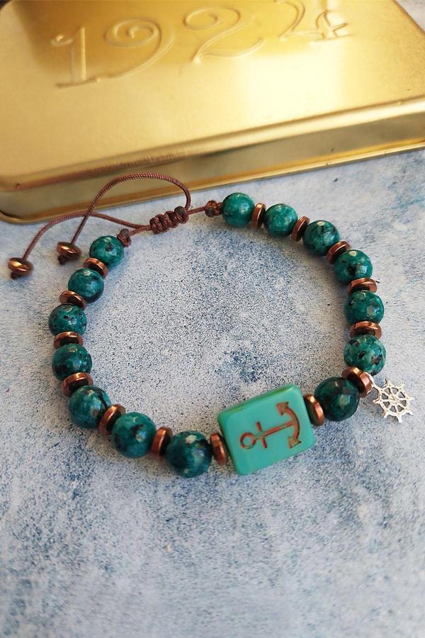 Vaoov 925 Ayar Gümüş Jade Ve Hematit Taşlı Çapa Erkek Bileklik - Image 1