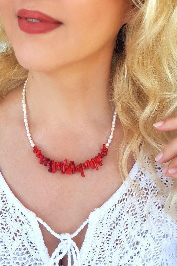 Vaoov 925 Ayar Gümüş Inci Ve Mercan Taşlı Kolye - Image 1