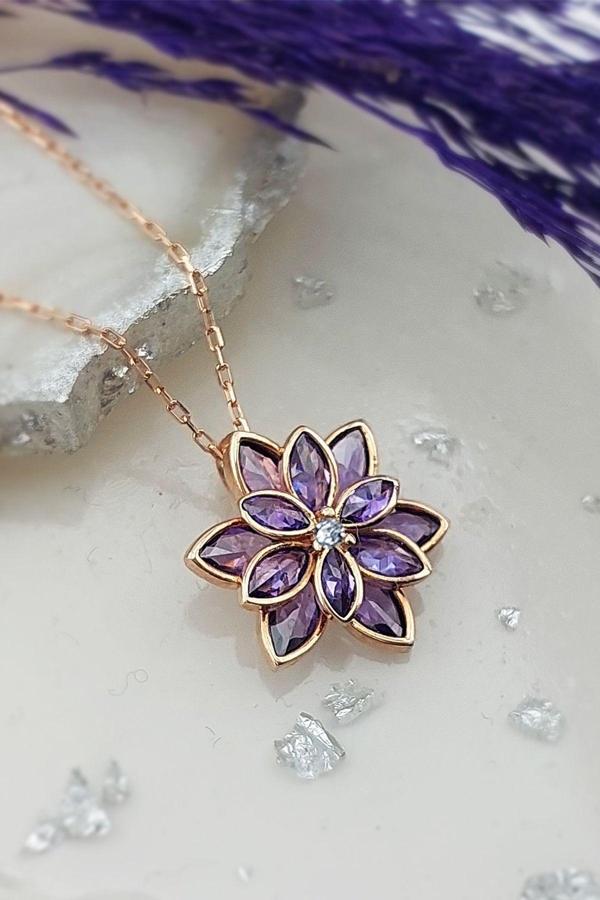 Vaoov 925 Ayar Gümüş Mor Taşlı Lotus Çiçeği Kolye - Image 1