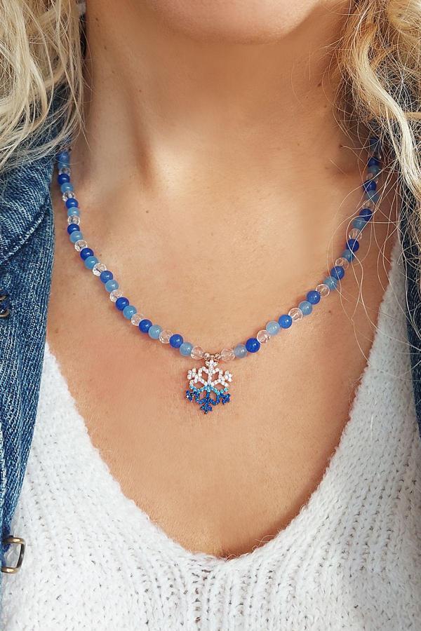 Vaoov 925 Ayar Gümüş Mavi Doğal Taşlı Kar Tanesi Kolye - Image 1