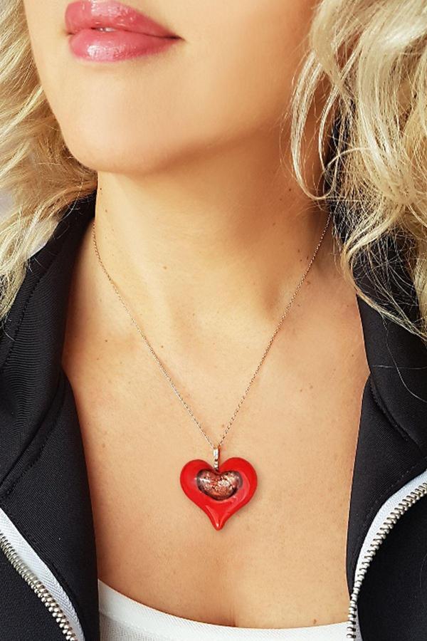 Vaoov El Yapımı Murano Camı Kalp Gümüş Kolye - Image 1