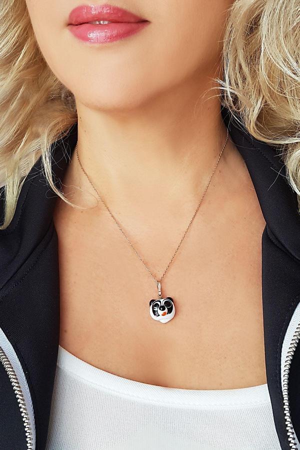 Vaoov El Yapımı Murano Camı Panda Gümüş Kolye - Image 1
