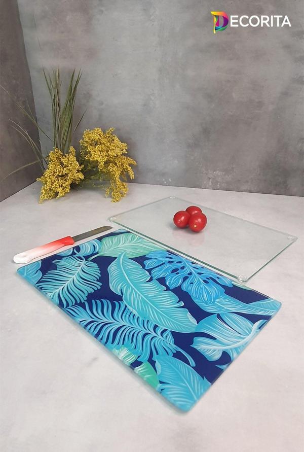Cam Kesme Tahtası - Cam Kesme Tablası | 2'li Takım | Mavi Tropik Yapraklar | 20cm x 30cm - Image 1