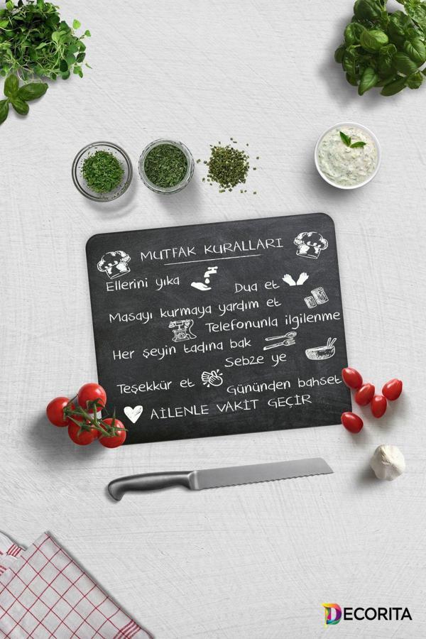 Cam Kesme Tahtası - Cam Kesme Tablası | Mutfak Kuralları - Kara Tahta Görünümlü | 29cm x 34cm - Image 1