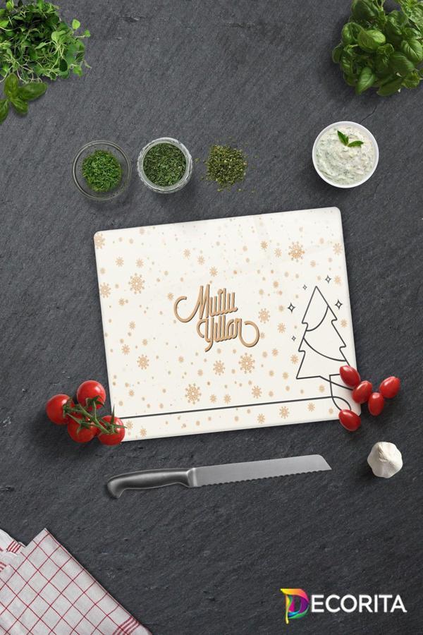 Cam Kesme Tahtası - Cam Kesme Tablası | Mutlu Yıllar Krem | 29cm x 34cm - Image 1