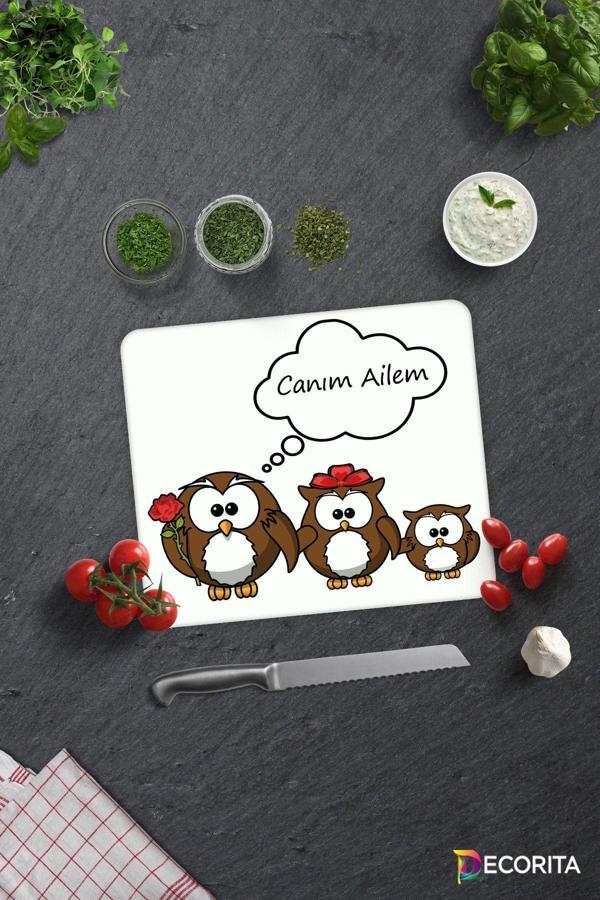 Cam Kesme Tahtası - Cam Kesme Tablası | Sevimli Baykuş Ailesi | 29cm x 34cm - Image 1