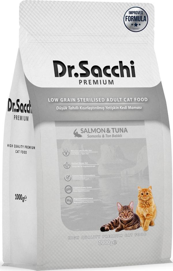 Dr.Sacchi Premium Düşük Tahıllı Somonlu ve Ton Balıklı Kısırlaştırılmış Kedi Maması 1 Kg  - Image 1