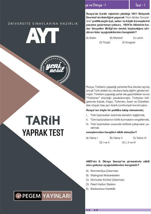 AYT Tarih Yaprak Test - Pegem Akademi Yayıncılık - Image 1