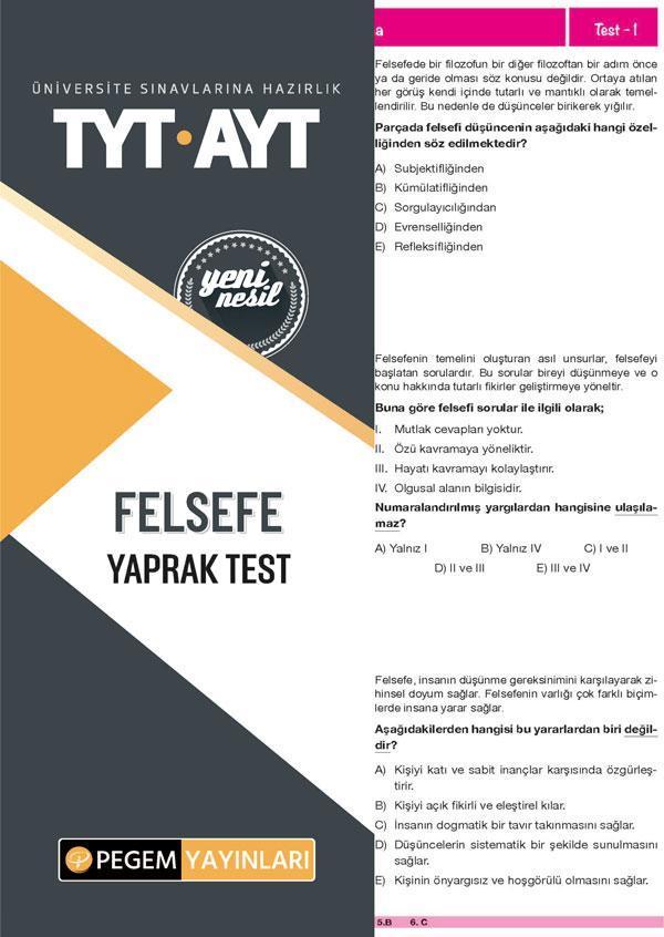 Tyt-Ayt Felsefe Yaprak Test - Pegem Akademi Yayıncılık - Image 1
