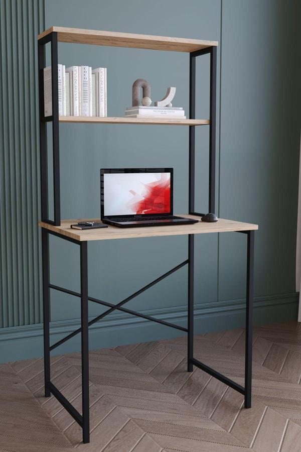 Metal Çalışma Masası  Raflı Kitaplık Çok Amaçlı Ofis Masa Meşe - Image 1